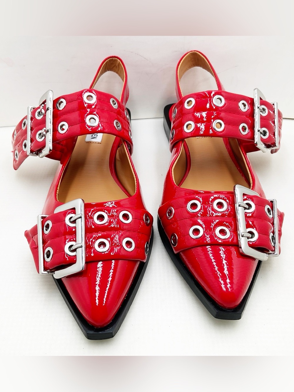 {Steve Madden} Graya Red Patent Studded Buckle Slingback Flats - Picture 5 of 16